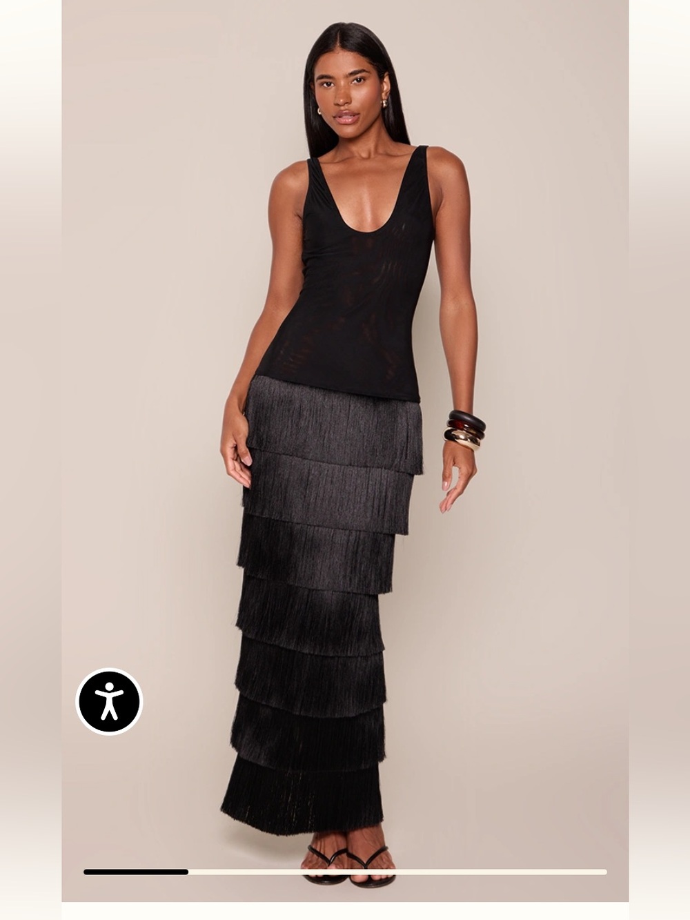 PLT Label Black Mesh Fringe Skirt Maxi Dress